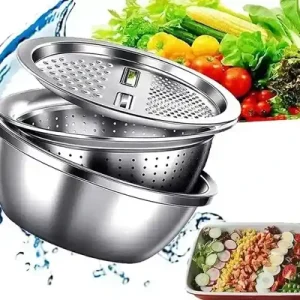 3 In 1 Multifunctional Stainless Steel Basin With Vegetable Cutter + Drain Basket
